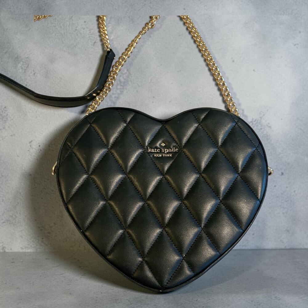 KATE SPADE LOVE SHACK BLACK LEATHER QUILTED CROSSBODY BAG WITH GOLD CHAIN 👛